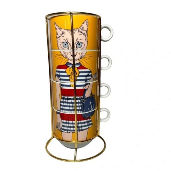 Cat Mugs Stackable Tea Cups Cat Queenwest Trading Co - New - Picture 1 of 6